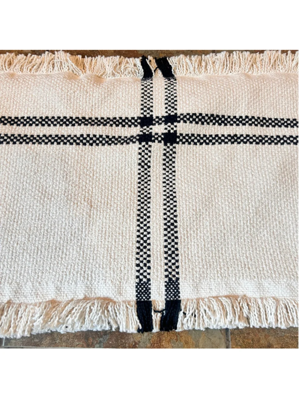 Crate & Barrel Knit Weekend Accent Pillow Black Plaid Cotton Fringe Boho